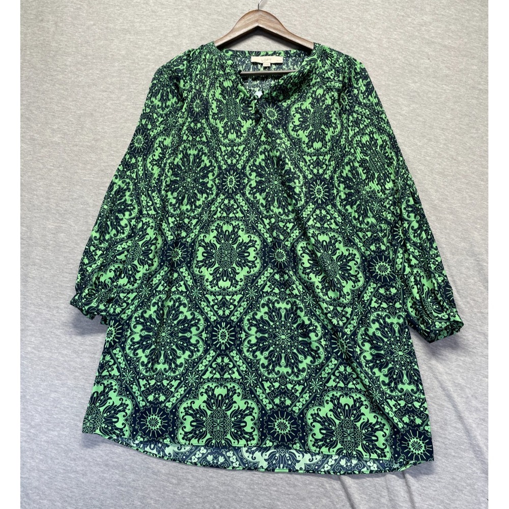 Loft Mini Shift Dress Womens XSP Green Black Medallion Print Pleated Split Neck